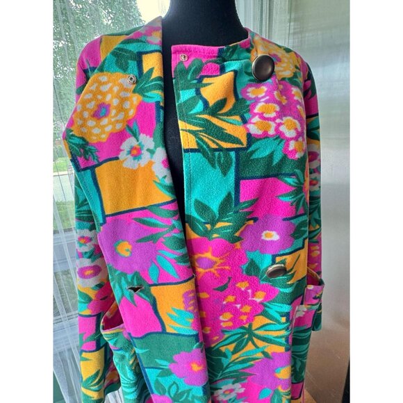 Vintage 1980s robe, teal, hot pink, yellow, green, bold floral geometric fleece - Picture 9 of 10
